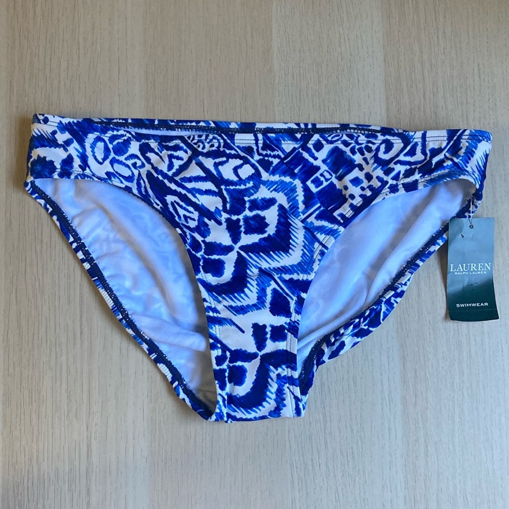 NWT Lauren Ralph Lauren Bikini Swim Bottoms, Size 4, blue and white pattern
